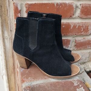 TOMS Womens Suede Leather Wooden Block Heels Ankle Boots Size 6.5 Y2K Peep Toe